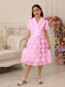 Tween Girl Pearl Button Collar Puff Sleeve Shirt And Cutwork Skirt Two Pieces Set - Pink - View 3