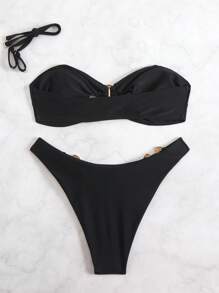 Swim SXY Mulheres 2 Peças/Conjunto Maiô Bikini Top e Bottom Decor de Concha Sexy Sem Alça e Sem Arame, Traje de Praia para Férias de Verão - Preto - Visão 4