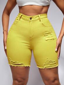 SHEIN 大码女式口袋破洞紧身休闲牛仔短裤夏季女装节日服装优雅休闲骑行短裤 - 黃色 - 查看 1