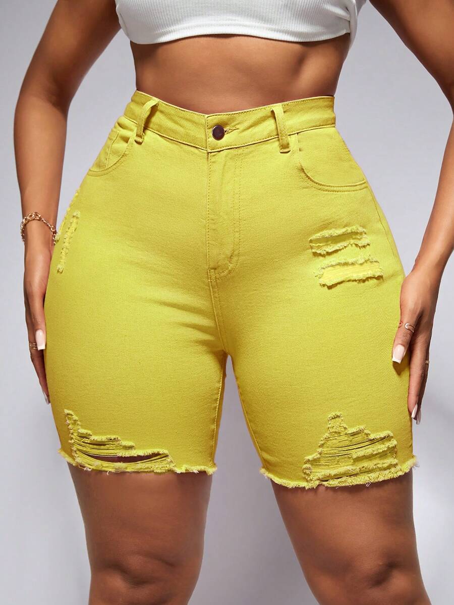 SHEIN 大码女式口袋破洞紧身休闲牛仔短裤夏季女装节日服装优雅休闲骑行短裤 - 黃色 - 查看 1