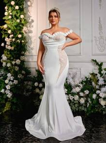 Glamrae 大码优雅露肩美人鱼亮片串珠婚纱，带贴花领，适合婚礼、新娘 - 白色 - 查看 5
