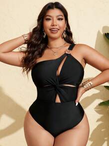 SHEIN Swim Curve Plus Size Women Solid Black Minimalist Elegant Slimming One-Piece Swimsuit & Beachwear For Summer Beach Vacation - Black - View 5