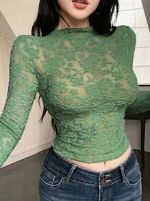 DAZY 女式透明蕾丝立领修身长袖绿色上衣，秋季服装 - 綠色 - 查看 5