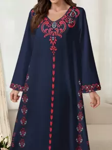 Al Najma Women's Simple Arabic Style Dress, Fashionable Summer Wear,Modest - Navy Blue - View 4