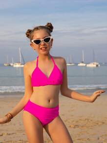 3pcs Tween Girl Handcraft 3D Floral Bikini Swimwear Set - Hot Pink - View 3