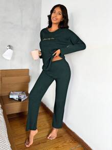 EURMUSE Slogan Ribbed Knit Lounge Set - Dark Green - View 5