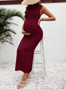 SHEIN Maternity Casual Stand Collar Fitted Long Dress - Burgundy - View 5