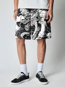 ROMWE MEN Anime 男士休闲简约时尚短裤，日常穿着 - 黑色 - 查看 5