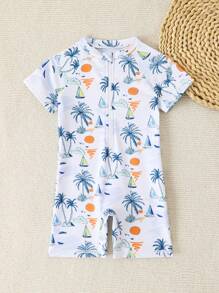 Baby Boy Palm Tree Print Zipper Front Short Sleeve Casual Swimsuit With Shorts - Multicolor - View 5