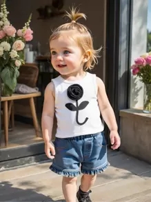 女婴无袖针织上衣，3D 花卉图案，水洗牛仔短裤，荷叶边下摆，休闲韩式夏季 - 彩色 - 查看 7