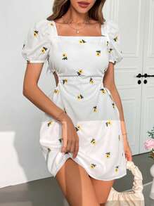 SHEIN Frenchy Plus Size Women's Yellow Embroidered Princess Sleeve Short A-Line Dress, Suitable For Valentine's Day - White - View 5