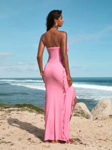 Opulessa Vestido ceñido con abertura, con volante de malla de punto de color simple para mujer