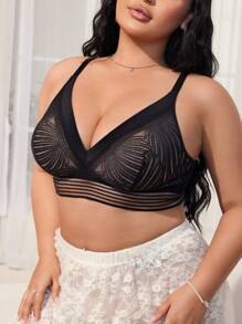 1 pieza Sujetador lencería sin aros cómodo con parche de encaje talla grande para mujer - Negro - Ver 7