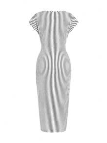 Ellevyn 黑白条纹系腰带圆领短袖紧身中长款女装连衣裙女士夏装女士夏装乡村装女士夏装女士夏装 - 黑與白 - 查看 2