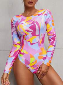 Swim SPRTY 1pc Women's All-Over Print Crew Neck Long Sleeve Cut-Out Back One-Piece Swimsuit For Summer Beach Vacation - Multicolor - View 4