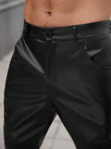 Manfinity Homme 大码男式纯色 PU 皮革口袋直筒裤 - 黑色 - 查看 3