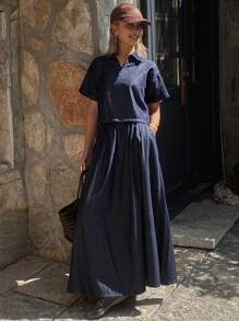 DAZY 2pcs Women Summer Waist-Cinching Polo Collar Short Sleeve Shirt & Denim Skirt Set - Dark Wash - View 2