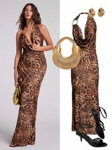 SHEIN BAE Women's Spring And Summer Beach Vacation Sexy Boho Western Backless Swing Collar Metal Decoration Leopard Print Maxi Dress,Summer Outfits For Women,Wedding Guest Dress Women,Dresses For Women Elegant,Vacation Outfits Women,Graduation Dress,Concert Outfit Women - Brown - View 8