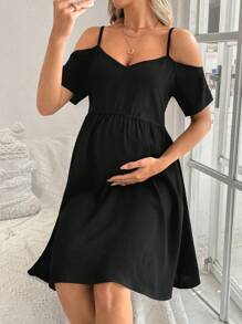 SHEIN Women's Summer Solid V-Neck Ruched Maternity Cami Dress With Shoulder Cutout In Black - Black - View 1