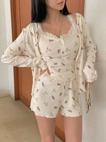 DAZY 3pcs/Set Women Cute Bear Pattern Allover Print Open Front Top , Cami Top And Shorts Pajama Set, Fall Winter Clothes