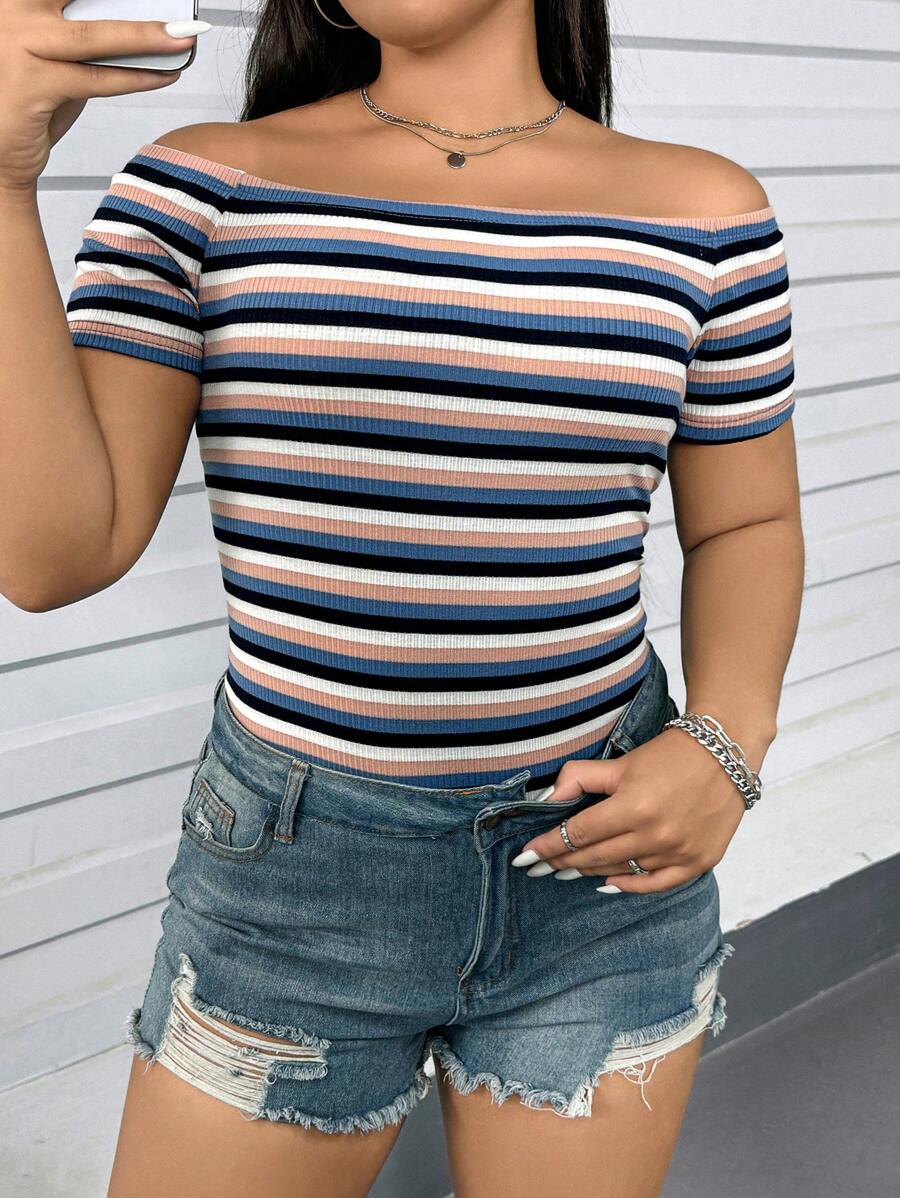 SHEIN Essnce Plus-Size Women's Date Tops, Rainbow Striped T-Shirts, Off-The-Shoulder Tops, Cute Summer Dresses,Summer Women Dresses Casual Summer Dress Summer Tops,Teacher Clothes Teacher T Shirt Fall Women Clothes - Blue - View 1