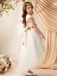 Girls' Elegant Lace Chiffon Patchwork Formal Dress With Champagne Sash Bow, Floral Applique, Suitable For Flower Girl, Wedding, Prom, Versatile - White - View 6