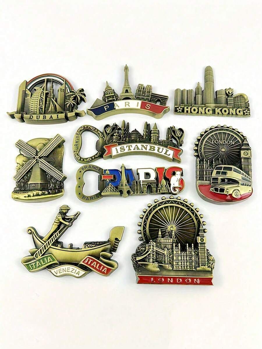 1/2 件手工复古金属冰箱贴 - 全球地标收藏家套装（巴黎埃菲尔铁塔/迪拜塔/荷兰风车）带开瓶器，独特的旅行纪念品和家居装饰礼物，适合生日/婚礼/乔迁 - 彩色 - 查看 1