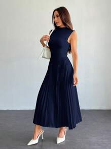 SHEIN PETITE Women Elegant Pleated Tight-Fitting A-Line Dress,Business Casual Woman,Bohemia - Navy Blue - View 7