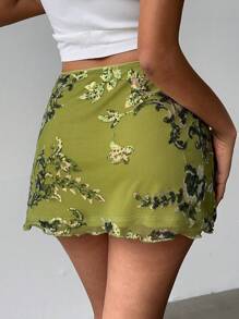 Aloruh 绿色亮片刺绣迷你裙，简约时尚，适合夏天 - 綠色 - 查看 2