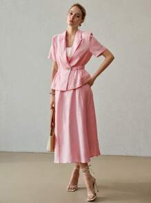 MOTF PREMIUM CAMISA DE LINO PURO DE COLOR SÓLIDO CON CUELLO CON PICO Y MANGAS CORTAS CON TOP DE PEPLUM DE CINTURA ELÁSTICA - Rosa - Ver 7