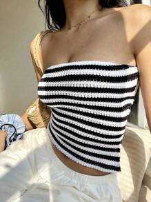 Sunnyshic Women's Lightweight Striped Backless Tube Top, Casual Vacation Daily Versatile, Spring/Summer - Black and White - View 7