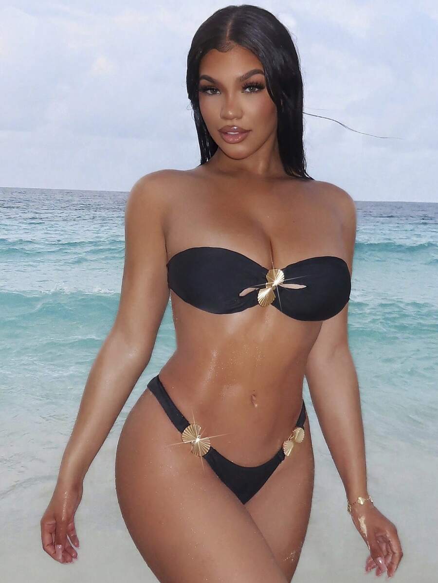 Swim SXY Mulheres 2 Peças/Conjunto Maiô Bikini Top e Bottom Decor de Concha Sexy Sem Alça e Sem Arame, Traje de Praia para Férias de Verão - Preto - Visão 1