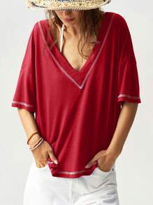 Bohemela Solid Color V-Neck Short Sleeve Loose Casual T-Shirt For Women