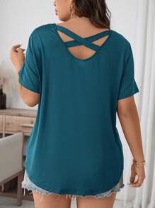 SHEIN LUNE Camiseta casual de verano para mujer de talla grande, de unicolor, cuello redondo y manga corta, versátil - Agua verde azul - Ver 2