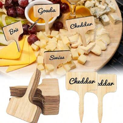 10pcs Reusable Wooden Fruit And Dessert Square Label Sticks, DIY Cheese Name Tag, Perfect For Parties, Weddings, Birthdays, And Buffet Table Decoration,Christmas
