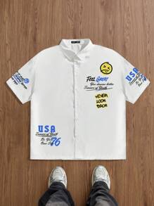 Manfinity RebelGame Plus Size Men's Woven White Casual Letter Print Short Sleeve Shirt - White - View 1