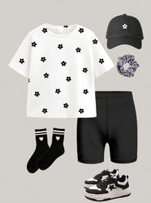 SHEIN Happikins Mini Black & White Floral Design Young Girl Casual Loose Short Sleeve Top And Shorts 2 Pieces Set, Suitable For Summer - Multicolor - View 3