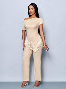 SOLERSUN Zomeroutfits Zomerkleding Strandoutfits voor dames Bruiloftsgasten Concertoutfits voor dames Rave-outfits Festival- en countryconcertoutfits Zakelijke casual outfits voor dames Vakantieoutfits voor dames Boho-stijl Bescheiden gehaakte strandkleding Asymmetrische schouders Sexy Elegant Slanke taille Dames Abrikooskleurig tweedelig pak met kwastjes - Abrikoos - Bekijken 4