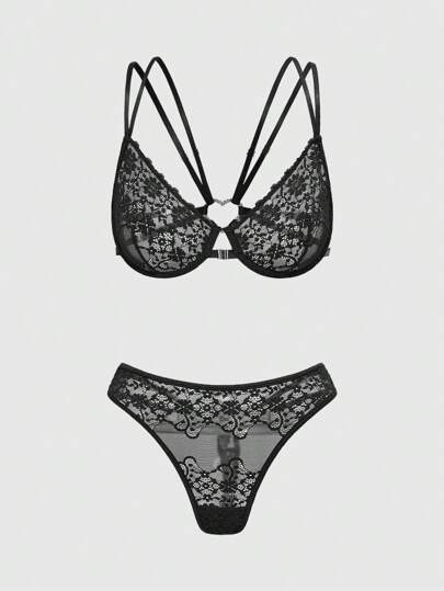 ROMWE Avant Conjunto de brasier de encaje, metal con tachas y correa ajustable sexy y elegante
