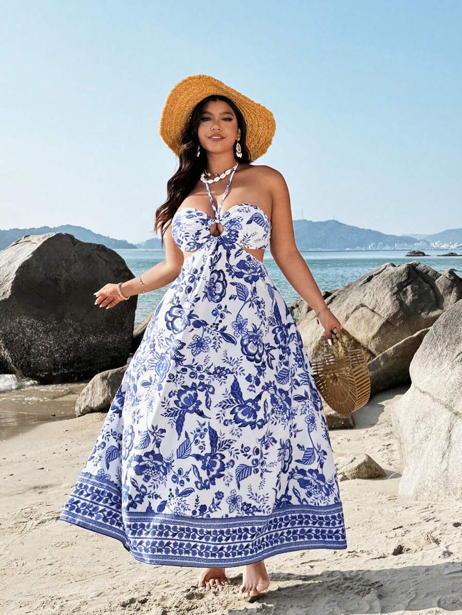 SHEIN Clasi 大码女式复古度假印花露背镂空连衣裙 - 藍白色 - 查看 1