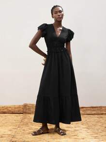 Maija 2025夏季新款腰部松紧聚拢荷叶边泡泡袖大摆连衣裙，音乐节海滩度假日常休闲浪漫都市度假适合外出聚会婚礼宾客复古毕业季黑色连衣裙海滩度假波西米亚风格伊比沙岛度假装夏季多巴胺度假装，ins同款度假风异域风情乡村音乐节西部装 - 黑色 - 查看 5