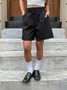 SHEIN EZwear 女士纯色褶皱阔腿宽松休闲短裤