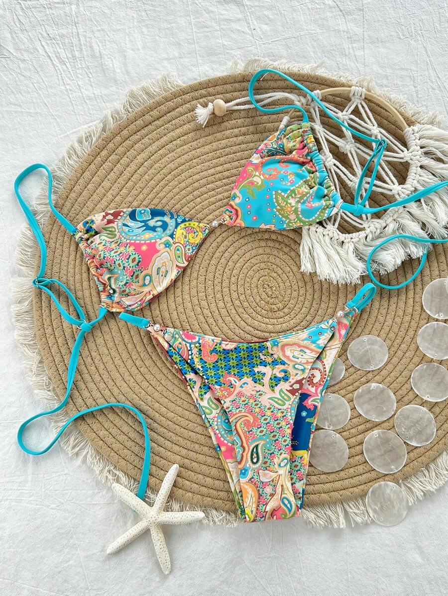 Swim Vcay 2 件套女士夏季海滩度假佩斯利珍珠装饰高腰比基尼套装