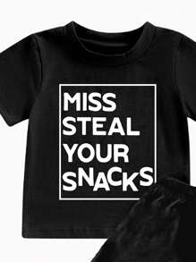 Set di maglietta a maniche corte con stampa "Miss Steal Your Snacks" e pantaloncini, 2 pezzi, colore nero, per neonati/bambine - nero - Visualizzare 3