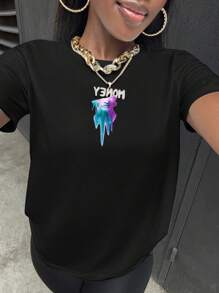 DarkDoll Women Black Fluid Figure Graphic Street Style, Casual Loose Fit Round Neck Short Sleeve T-Shirt, Graphic Tee Suitable For Summer, Rave Western Wear