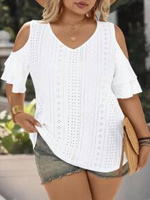 EMERY ROSE 女式加大码 V 领分层袖纹理针织露肩宽松休闲 T 恤，优雅时尚，适合度假、日常穿着、居家