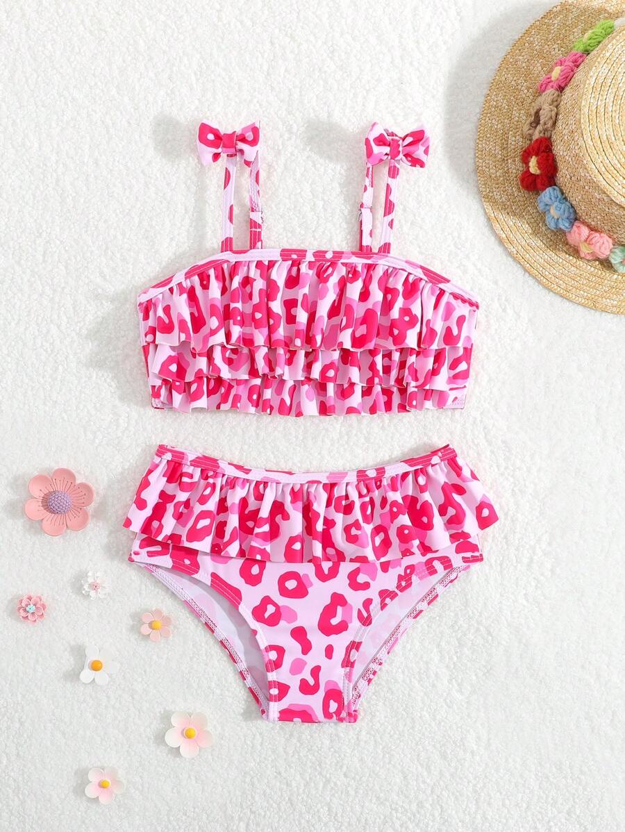 Young Girl Leopard Print Bikini Set/Random Print/Frilled Trim/Two Pieces Swimwear - Multicolor - View 1