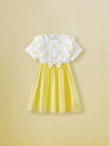 SHEIN 小女孩黄色短袖荷叶边连衣裙，夏季 - 彩色 - 查看 3