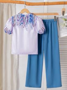 2pcs Tween Girls Floral Print Puff Sleeve Shirt And Solid Straight Leg Pants Set - Blue - View 2