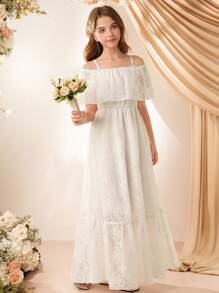 花童优雅露肩刺绣花卉礼服，白色，精致简约的设计，适合所有季节的婚礼 - 白色 - 查看 4